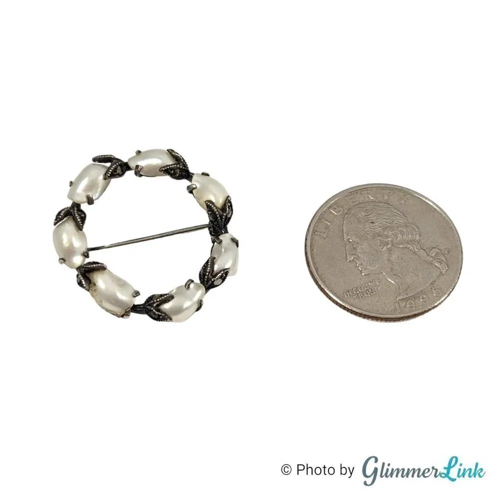Vintage 925 Sterling Silver Faux Baroque Pearl Tulip Wreath Brooch Pin